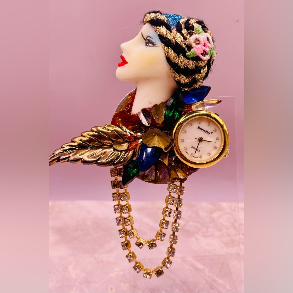 Bonetto Gold Tone Lady Profile Time Piece Watch Brooch with Rhinestones.